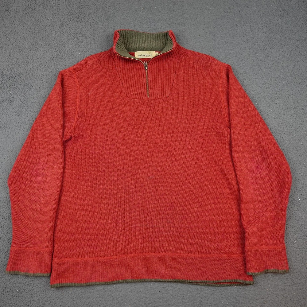 Irelandseye Wool Sweater Mens Large Red Quarter Zip Mock Neck Knit Pullover
